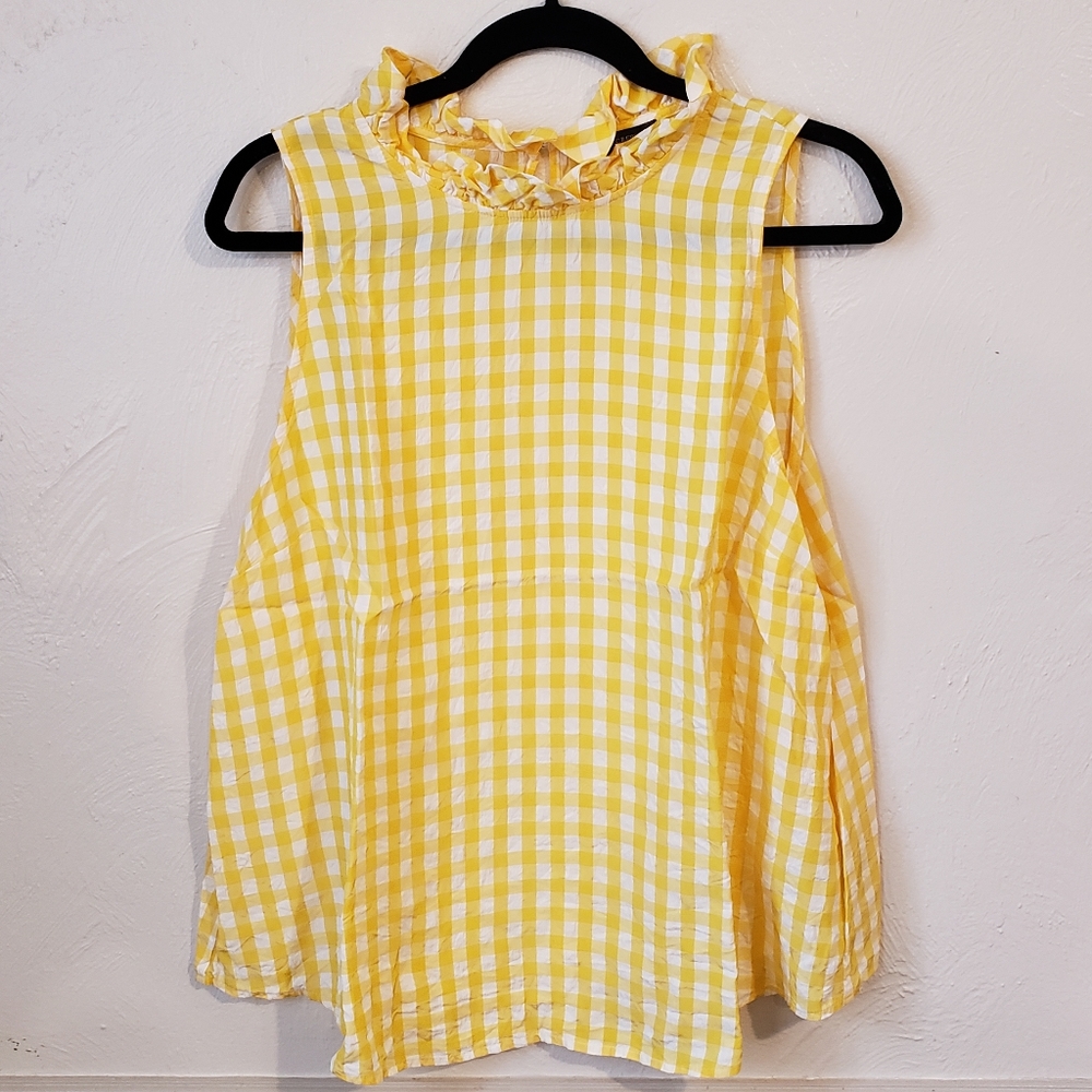 J. Crew yellow gingham sleeveless ruffle shirt XL